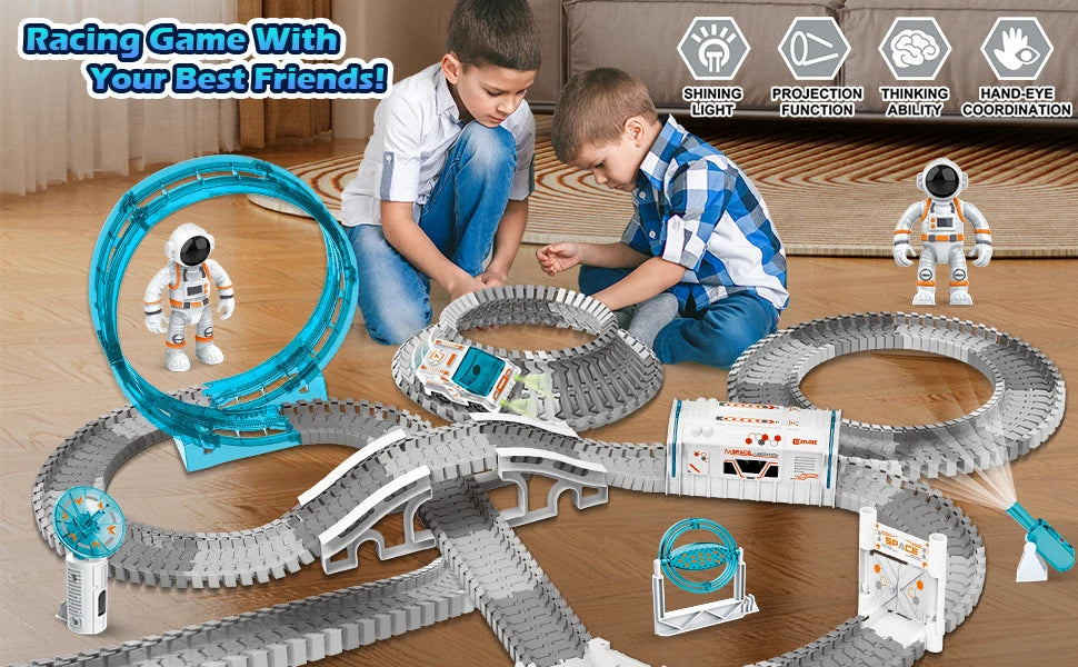 VATOS Create Space Track Toys for Kids DIY 205pcs Race Car Playset with Projector Astronaut Train Set STEM Educate Birthday Gift