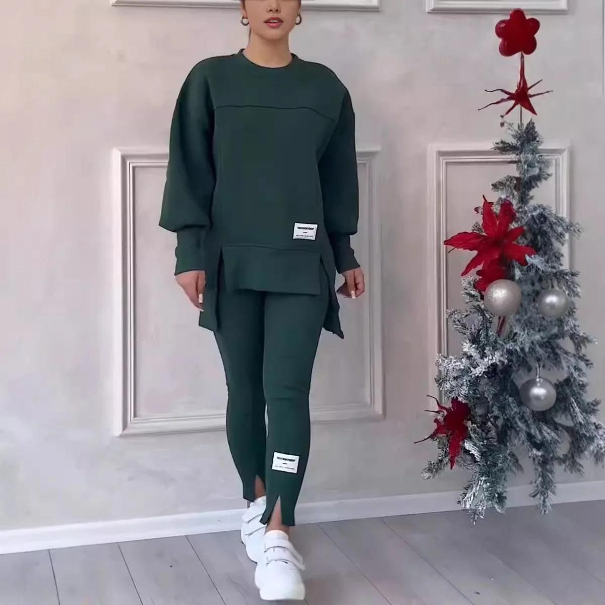 2pcs Women Sport Suit Hoodie Sweatshirt Winter Loose Irregular Top + Leggings Pant Casual Jogger Outfit Sports Two-piece Set - NTKSTORE