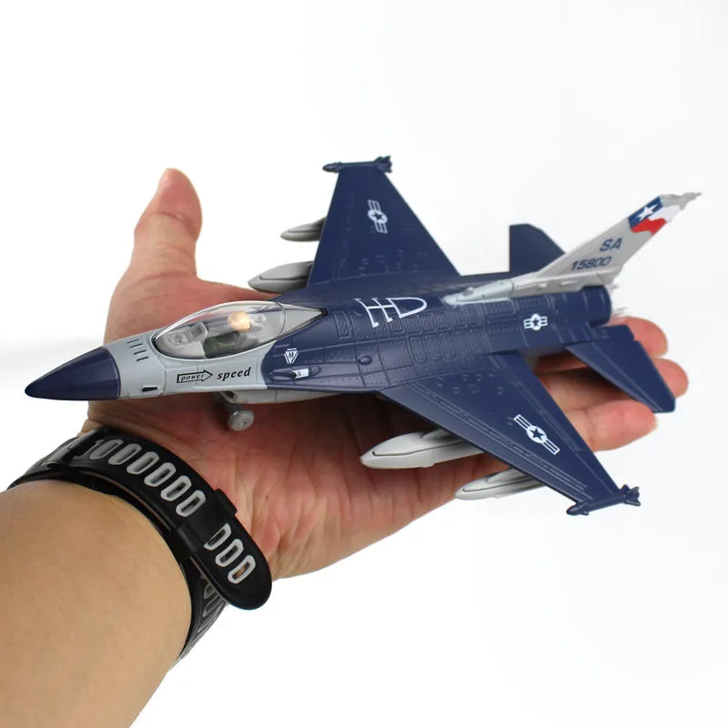 Alloy F16 Fighter model acoustooptic return force aviation military aircraft model Toy Ornament Gift FJ5