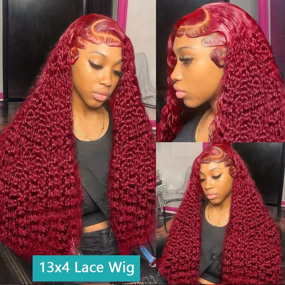 250 Density 30 40 Inch 99J Burgundy Deep Wave 13x4 Lace Front Human Hair Wig 13x6 Lace Frontal Red Curly Wigs Remy For Women - NTKSTORE