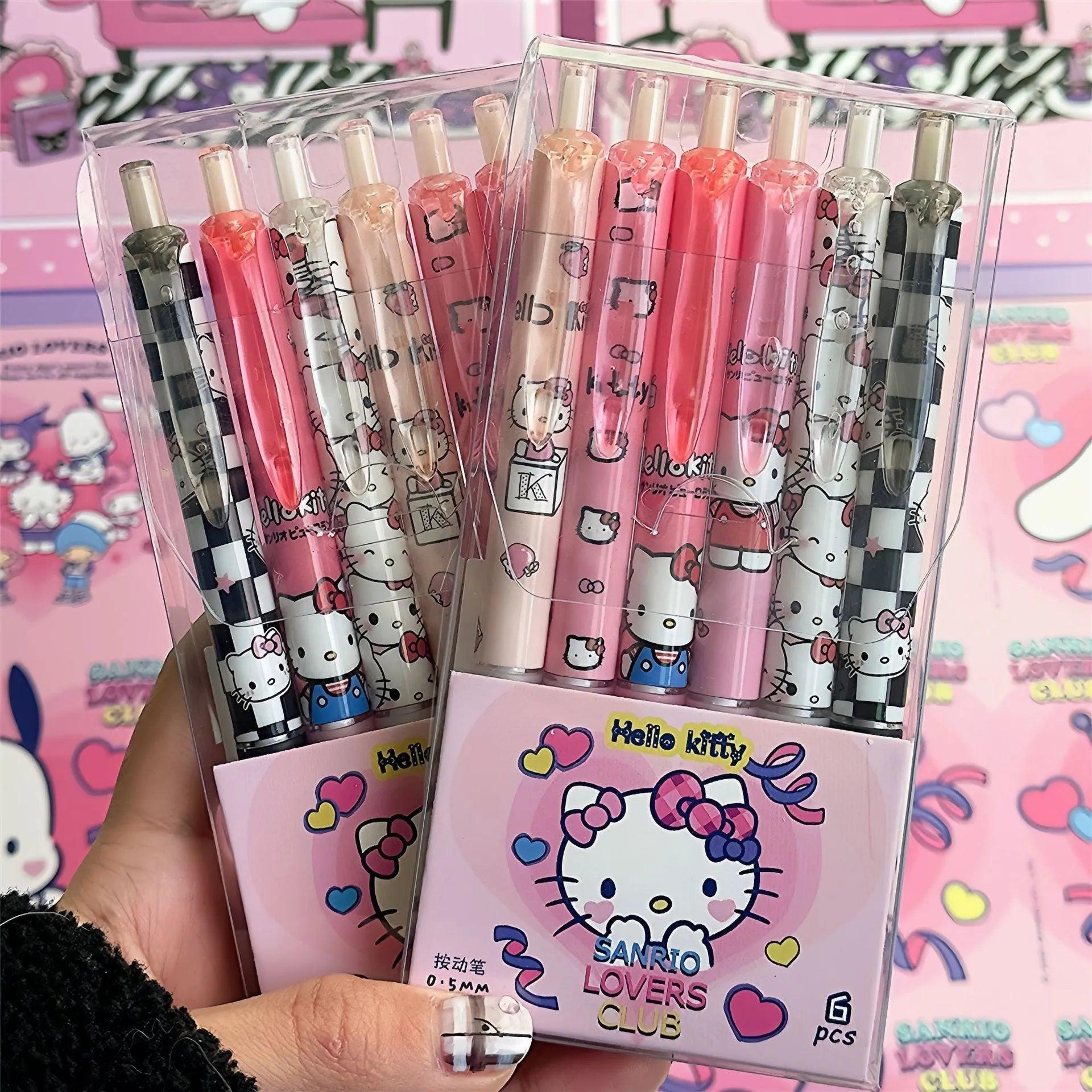 6Pcs Sanrio Gel Pen Hello Kitty Cartoon Kuromi ST Quick Drying Black 0.5mm Press The Ballpoint Pen Learning Stationery Gifts - NTKSTORE