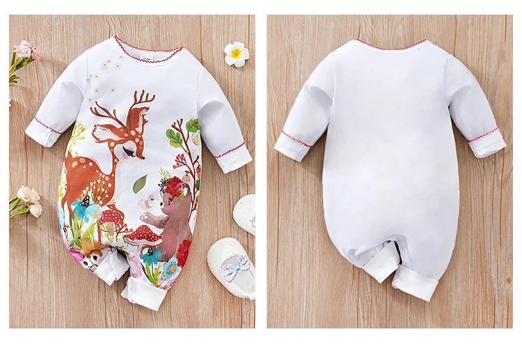 Spring And Autumn Newborn Boys And Girls Cute Cartoon Animal Print Comfortable Long Sleeved Baby Bodysuit