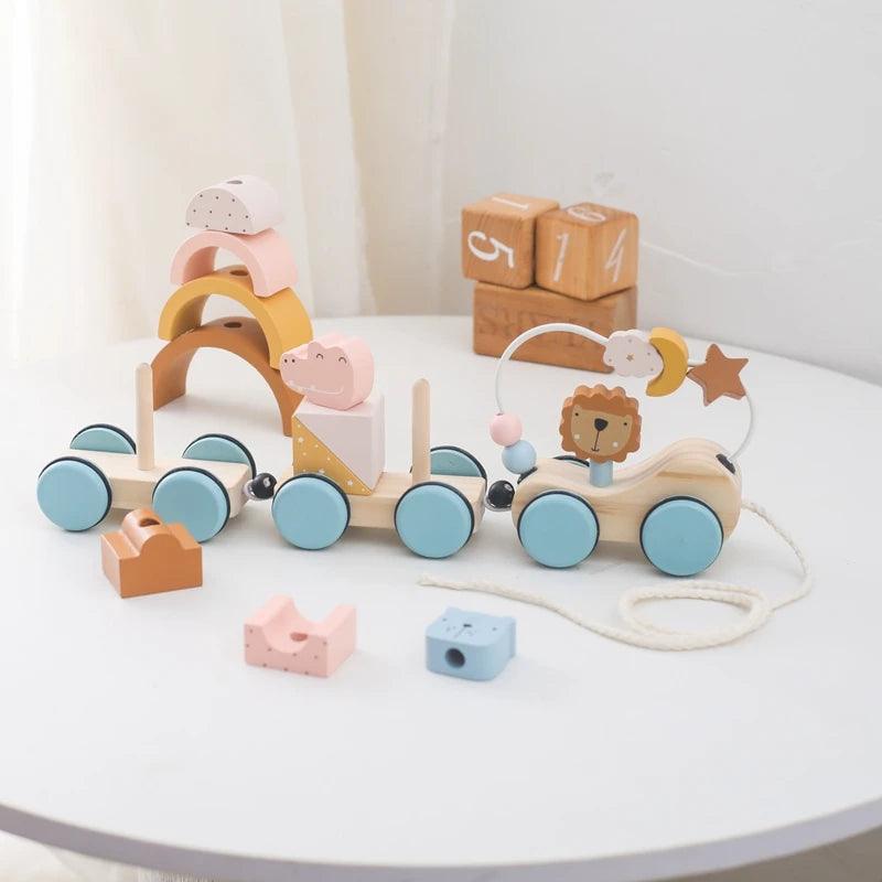 Baby Wooden Trailer Car Toys Rainbow Stacking Balance Blocks Animal Traction Car Star Moon Slider Beads For Kids Montessori Toys - NTKSTORE