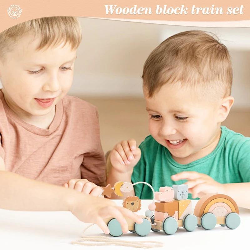 Baby Wooden Trailer Car Toys Rainbow Stacking Balance Blocks Animal Traction Car Star Moon Slider Beads For Kids Montessori Toys - NTKSTORE