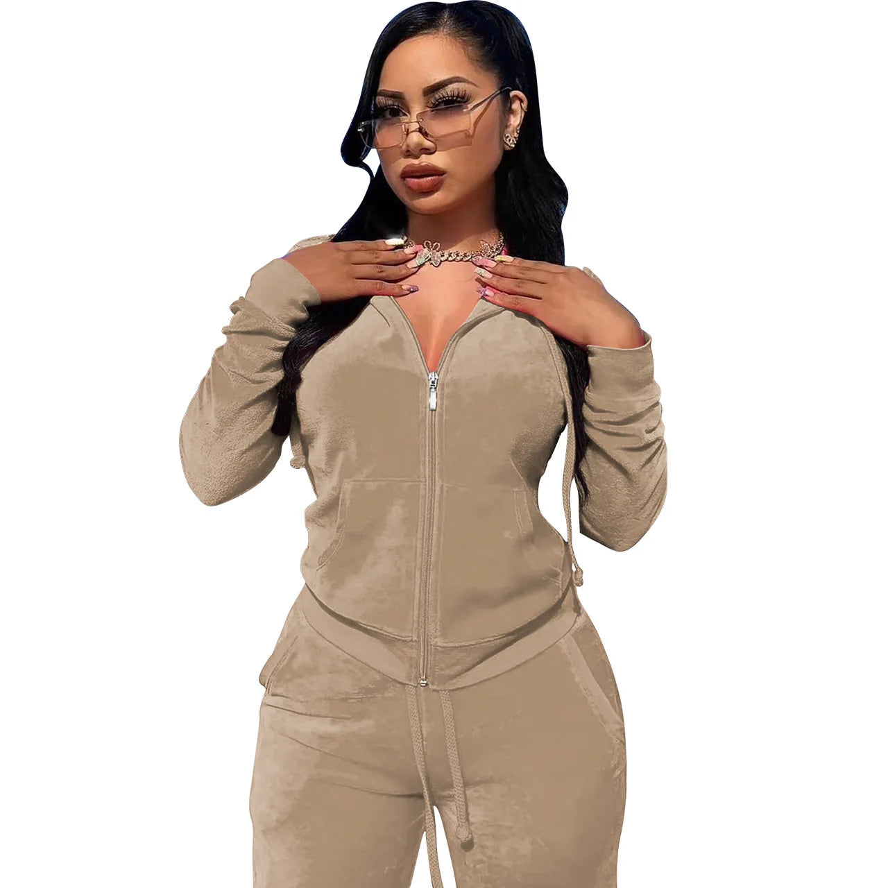 Womens Warm 2 Piece Outfits Velour Tracksuits Full Zip Hoodie And Drawstring Sweatpants Sweatsuits Sets Velvet Jogging Suit - NTKSTORE