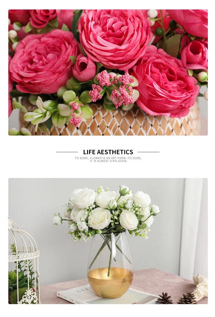 Hot Selling 1pcs/30cm Rose Pink Silk Bouquet Peony Artificial Flower 5 Big Head 4 Small Bud Bride Wedding Home Decoration Artifi - NTKSTORE