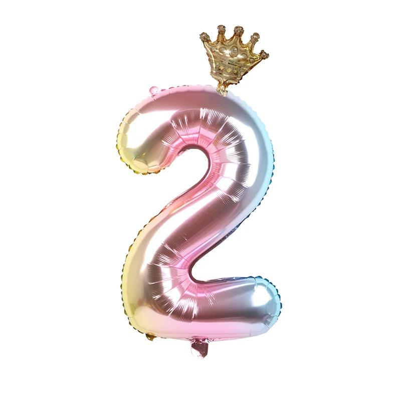 2pcs 32inch Rainbow Number Foil Balloons with Crown for Kids Boy Girl 1st Birthday Party Decorations Rose Gold Figures Globos - NTKSTORE