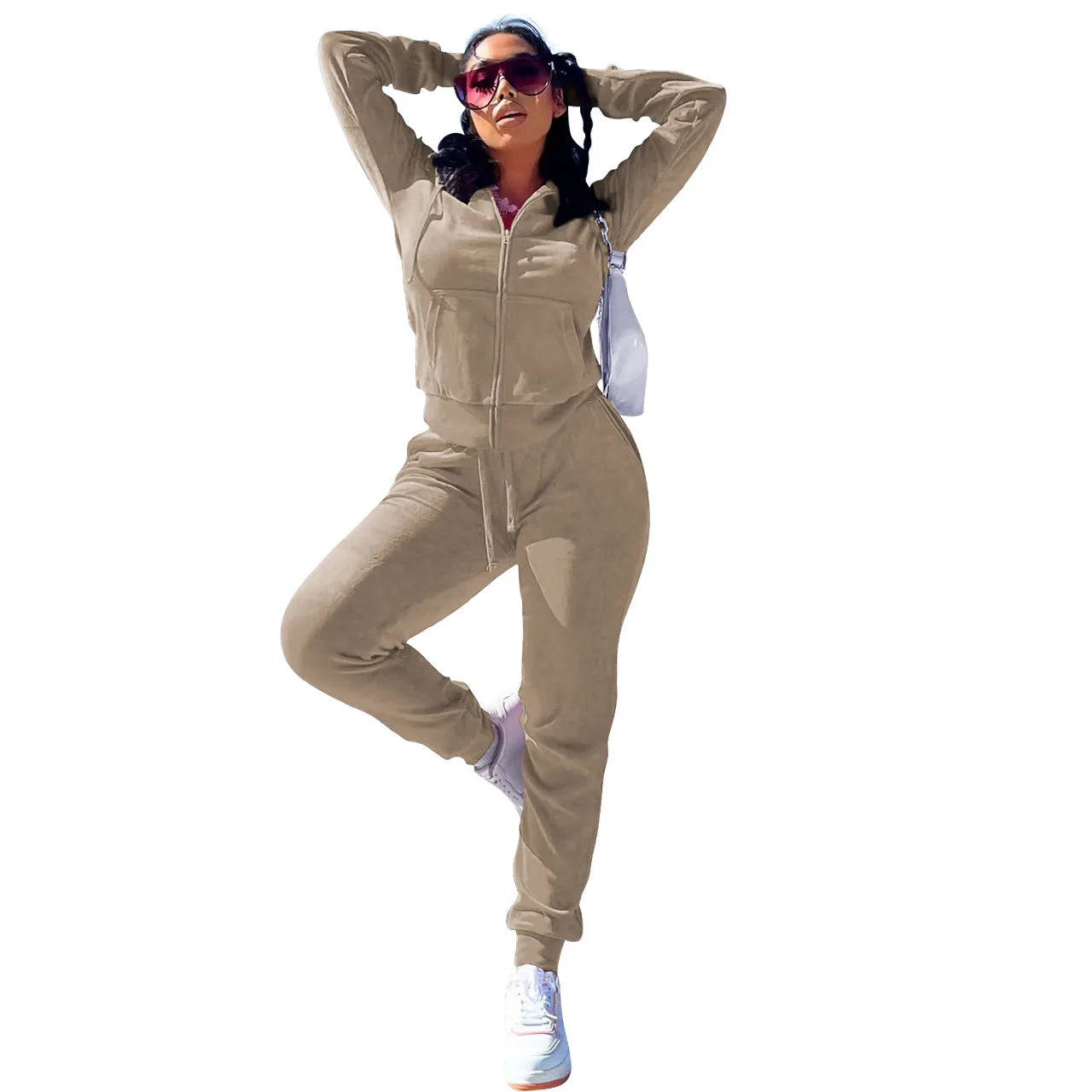 Womens Warm 2 Piece Outfits Velour Tracksuits Full Zip Hoodie And Drawstring Sweatpants Sweatsuits Sets Velvet Jogging Suit - NTKSTORE