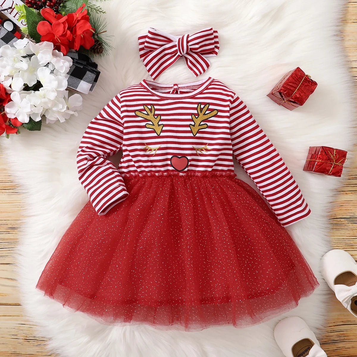 Baby Girl Autumn/winter Red Striped Christmas Deer Mesh Long Sleeved Dress - NTKSTORE