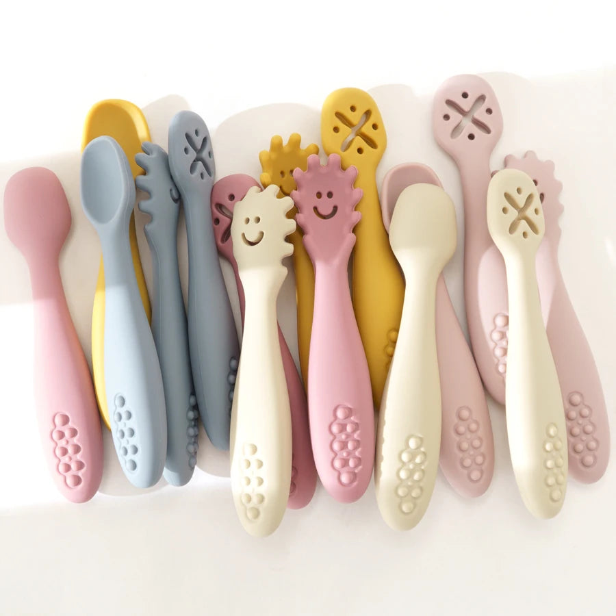 3PCS Kawaii Baby Learning Spoons Utensils Set Toddler Feeding Tableware Baby Silicone Teether Toys Training Cutlery Baby Stuff - NTKSTORE