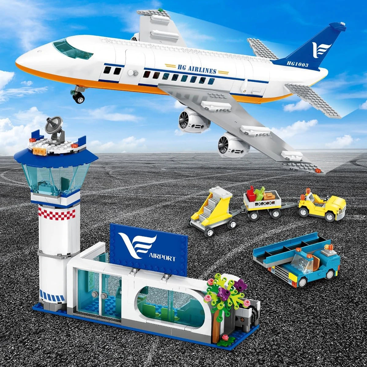 HOGOKIDS Airplane Building Set with LED, Plane Building Blocks with Airport Terminal Luggage Trailer Toys Gifts for Kids Age 6+ - NTKSTORE