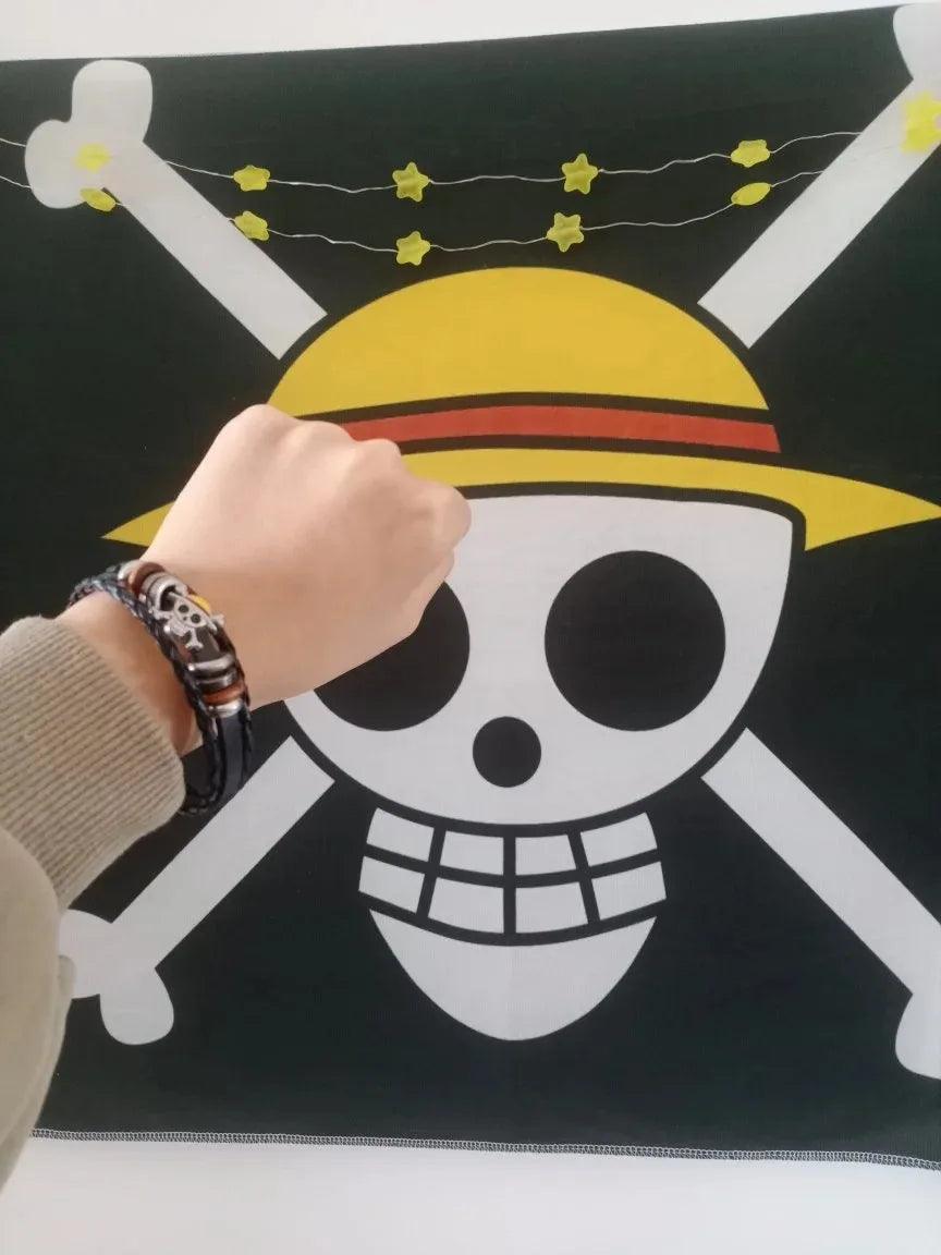 Anime One Piece Leather Bracelet Luffy Straw Hat Punk Black PU Woven Bracelet Cosplay Props Jewelry Collection Birthday Gift - NTKSTORE