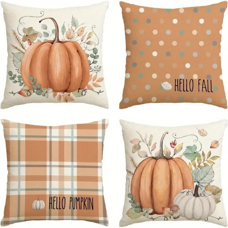 Hello Fall Hello Pumpkin Throw Pillow Covers, Autumn Thanksgiving Harvest Orange Eucalyptus Decorations for Sofa Couch Set of 4 - NTKSTORE