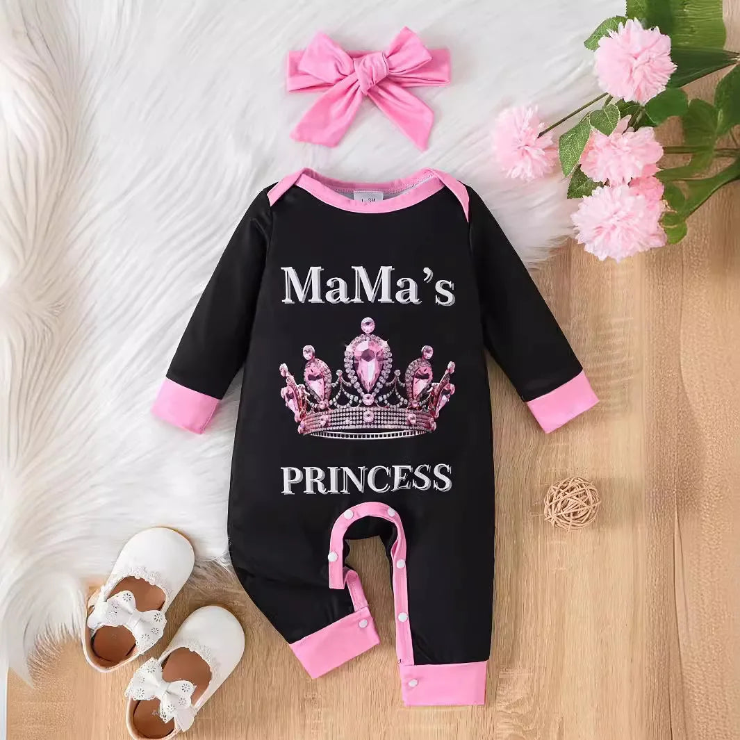 0-2 Year Old Spring and Autumn New Newborn Infants and Girls Crown Letter Printed Long sleeved Pants jumpsuit+Headband - NTKSTORE