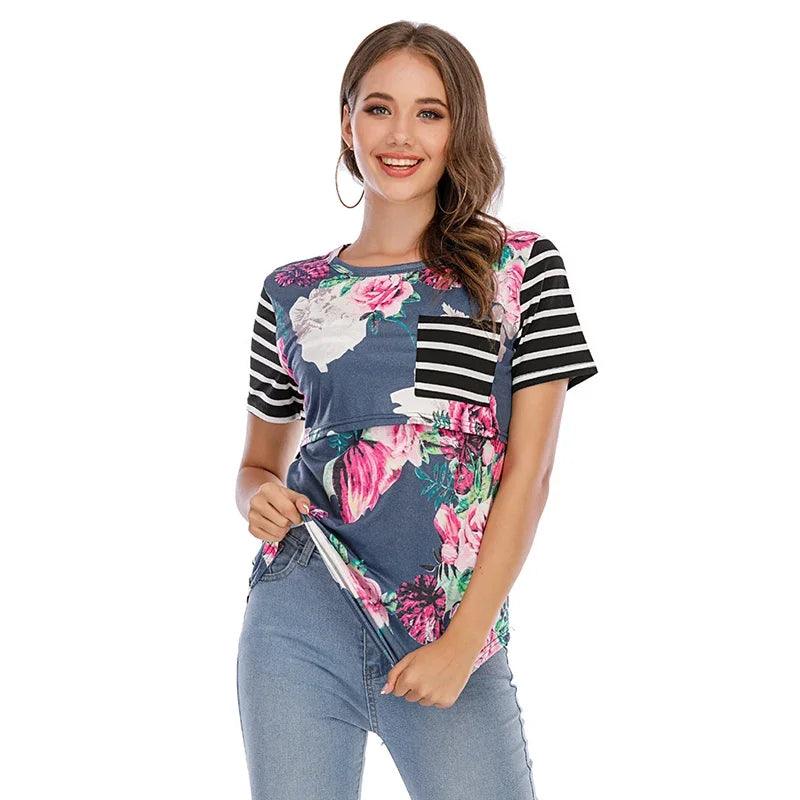 New Casual Womens Pregnant Maternity Clothes Nursing Tops Breastfeeding T-Shirt Pregnancy Striped Short Sleeve Shirt - NTKSTORE