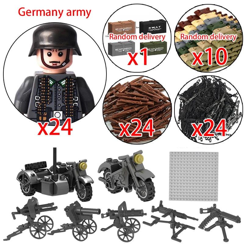 Children Toys Mini Military Figures Building Blocks WW2 UK French US Germany Soviet Army Soldiers Machine Gun Set Bricks Model - NTKSTORE