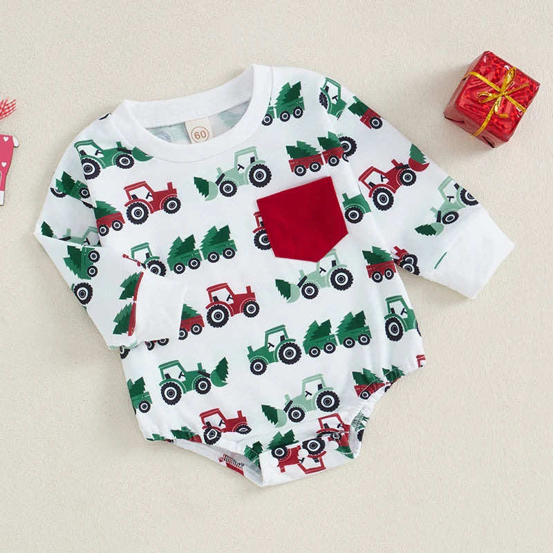 2024-06-01 Lioraitiin Baby Boy Girl Sweatshirt Romper Casual Christmas Tractor Print Long Sleeve Jumpsuit for Infant Fall Outfit