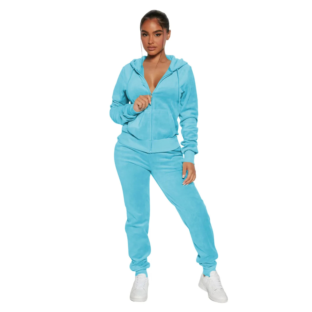 Womens Warm 2 Piece Outfits Velour Tracksuits Full Zip Hoodie And Drawstring Sweatpants Sweatsuits Sets Velvet Jogging Suit - NTKSTORE