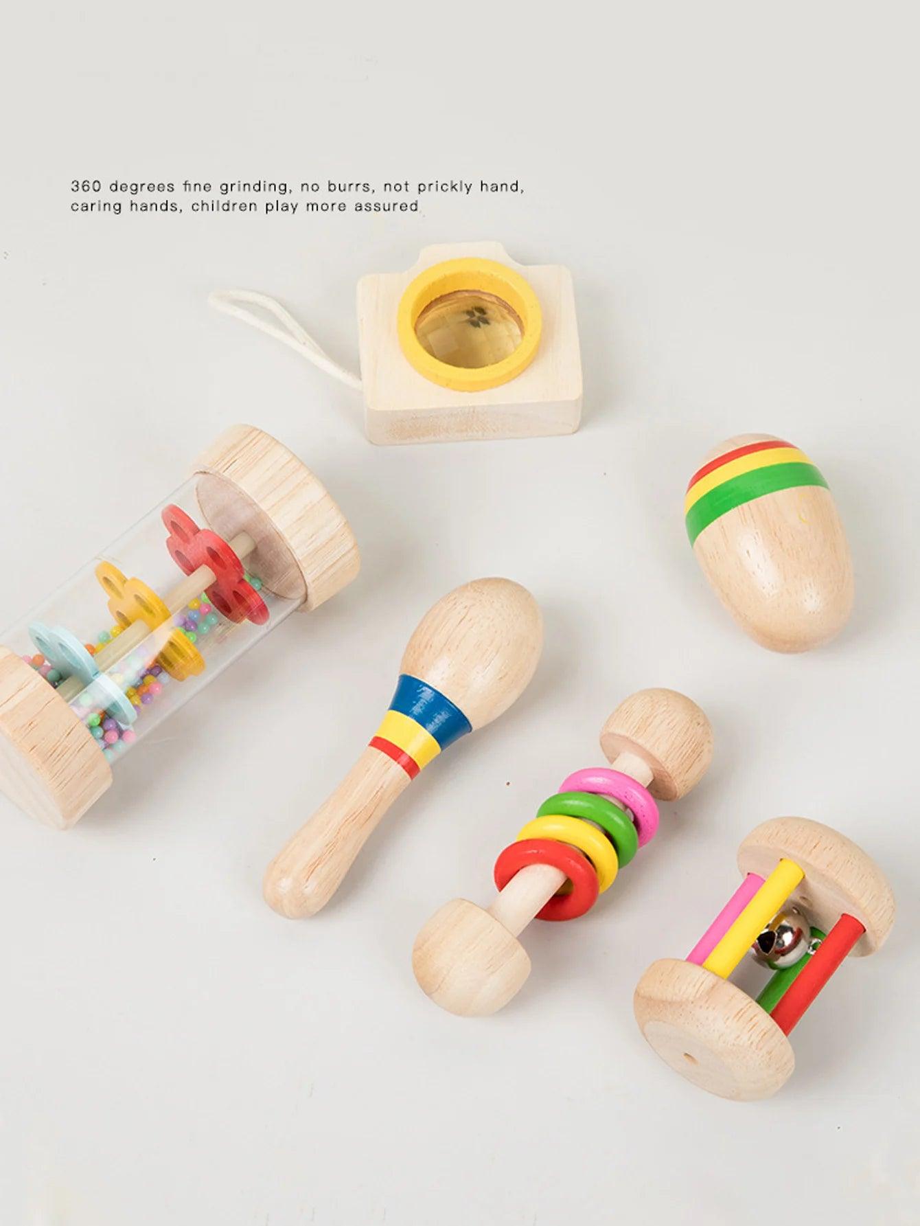 6pcs/set Wooden Musical Instruments Toys, Small Rattle, Sand Hammer, Sand Ball, Shake Bell Kaleidoscope, Griping Practice Toys - NTKSTORE