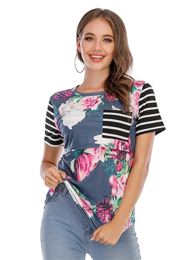 New Casual Womens Pregnant Maternity Clothes Nursing Tops Breastfeeding T-Shirt Pregnancy Striped Short Sleeve Shirt - NTKSTORE