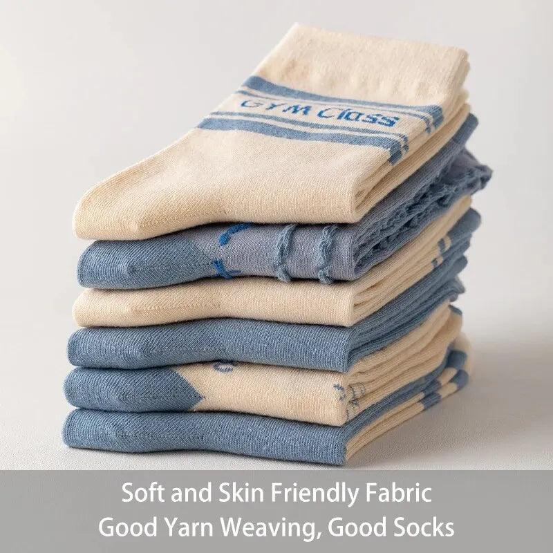 5 Pairs of Women's Spring Four-season Cute SStriped Letters Youthful Beautiful Fashionable and Comfortable Mid-calf Socks - NTKSTORE