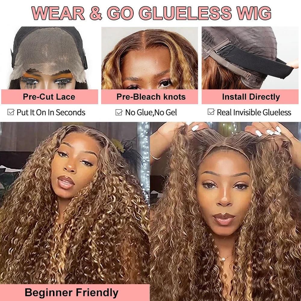 4/27 Ombre Colored Glueless Wig 13x4 Curly Human Hair Wigs Highlight Brazilian Remy Deep Wave Ready To Wear 7x5 Lace Closure Wig - NTKSTORE