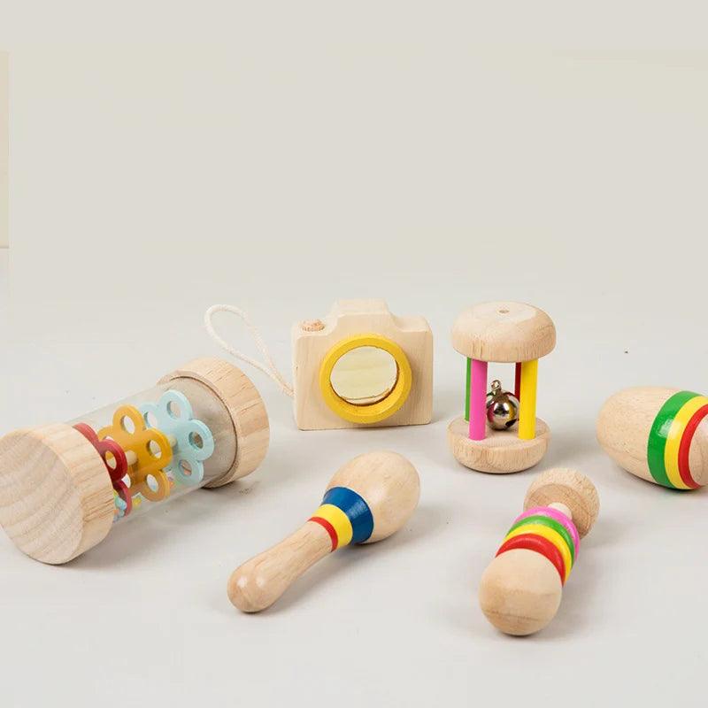 6pcs/set Wooden Musical Instruments Toys, Small Rattle, Sand Hammer, Sand Ball, Shake Bell Kaleidoscope, Griping Practice Toys - NTKSTORE