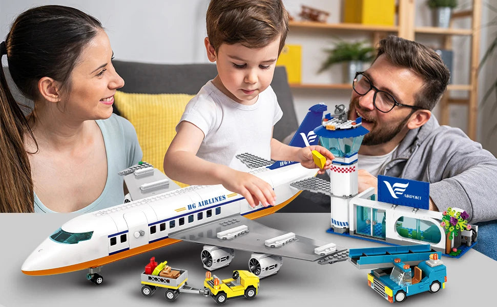 HOGOKIDS Airplane Building Set with LED, Plane Building Blocks with Airport Terminal Luggage Trailer Toys Gifts for Kids Age 6+ - NTKSTORE