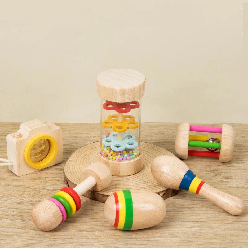 6pcs/set Wooden Musical Instruments Toys, Small Rattle, Sand Hammer, Sand Ball, Shake Bell Kaleidoscope, Griping Practice Toys - NTKSTORE