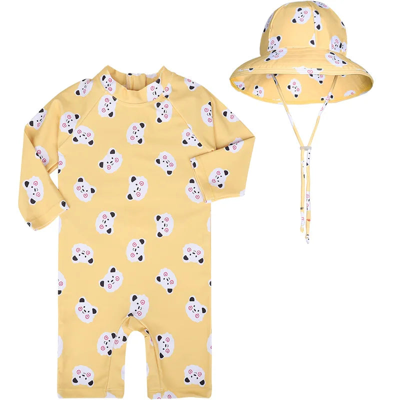 Baby Girls Swimsuit Long Sleeves One Piece Swimwear for Kids Toddler Cartoon UPF50+ Rash Guards Infant Bathing Suit Korea Sets