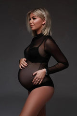 Maternity Dress For Photoshoot Women Y2K Ruffle Sexy Sheer Mesh See Through Beach Long Sleeve Tube Tie Front Pregnancy Bodycon - NTKSTORE