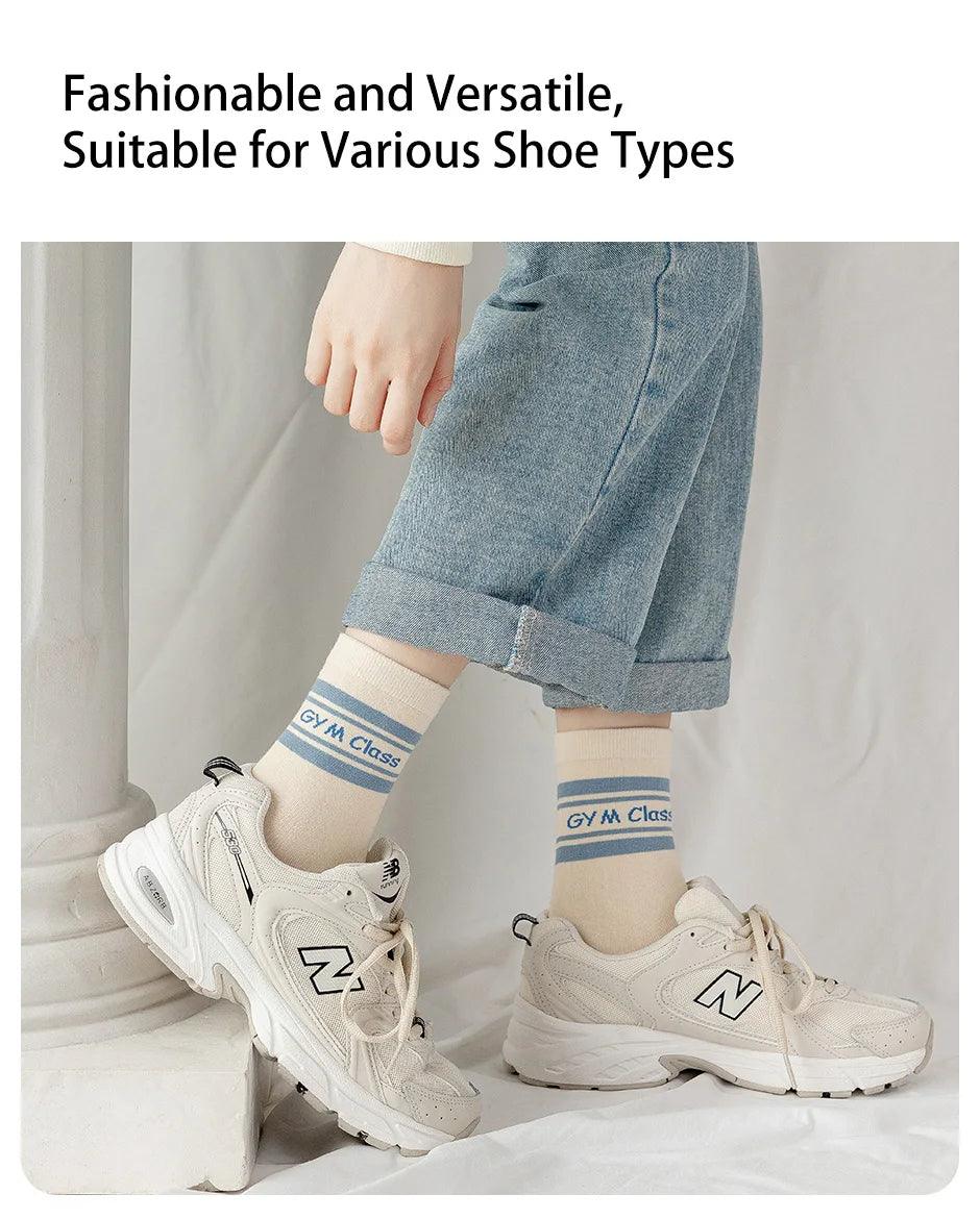 5 Pairs of Women's Spring Four-season Cute SStriped Letters Youthful Beautiful Fashionable and Comfortable Mid-calf Socks - NTKSTORE
