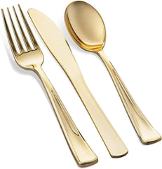 600 Piece Gold Plastic Dinnerware Set,Disposable-100 Rim 10 inch and 7 Inch Plates,300 Gold Silverware,100 Cups For 100 Guests - NTKSTORE