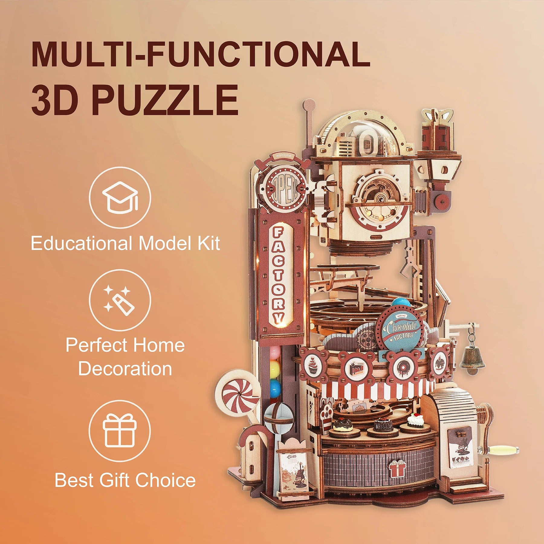 Robotime ROKR 420pcs DIY Chocolate Factory 3D Wooden Puzzle Assembly Marble Run Toy Gift for Children Teens Adult LGA02 - NTKSTORE