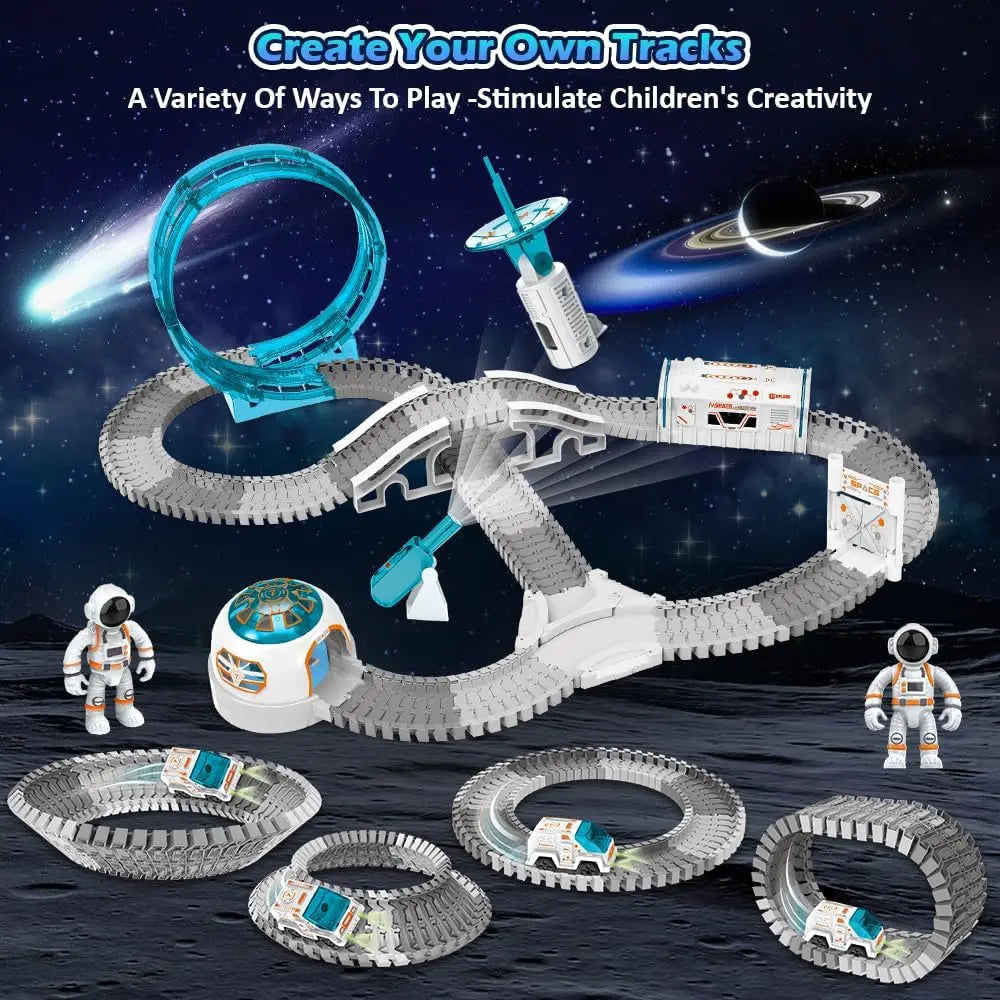 VATOS Create Space Track Toys for Kids DIY 205pcs Race Car Playset with Projector Astronaut Train Set STEM Educate Birthday Gift