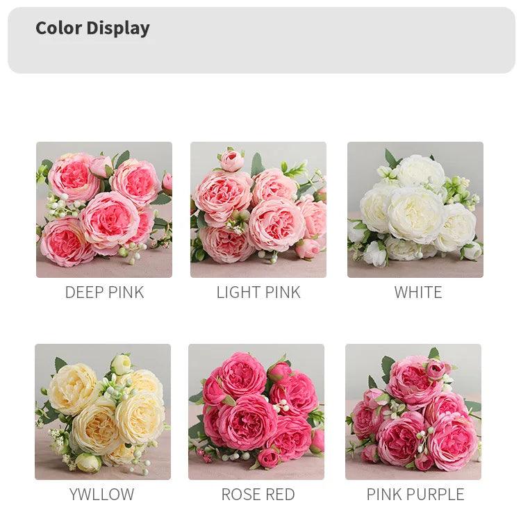 Hot Selling 1pcs/30cm Rose Pink Silk Bouquet Peony Artificial Flower 5 Big Head 4 Small Bud Bride Wedding Home Decoration Artifi - NTKSTORE