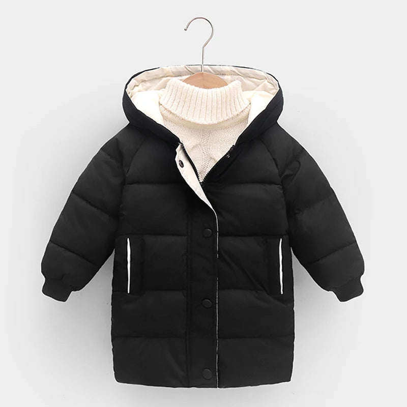 2 3 4 5 6 8 10 Years Girls Jacket Winter Long Style Solid Color Thick Keep Warm Hooded Outerwear For Boys Down Cotton Snowsuit - NTKSTORE