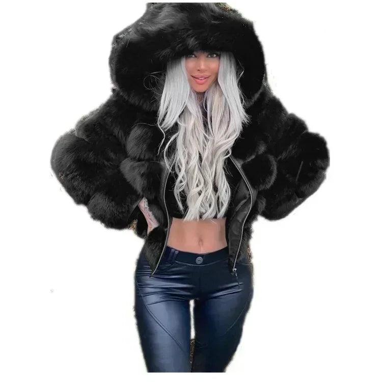 Autumn Winter Women Fashion Long Sleeve Solid Color Faux Fur Coat Hooded Warm Coat - NTKSTORE