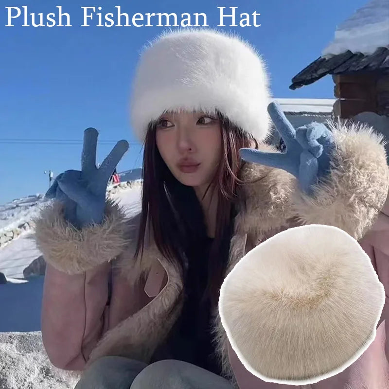 Korean Fashion Hat Women's Winter Snow Ski Cap Thick Warm Imitation Fur Bucket Hat Fisherman's Hat Mink Fur Ladies Mongolia Cap - NTKSTORE