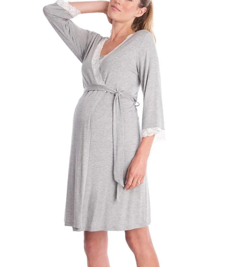 Fashionable and Comfortable Long Robe Pajamas Lace Patchwork Three Quarter Sleeved Maternity Dress Long Robe Pajamas - NTKSTORE