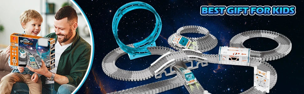 VATOS Create Space Track Toys for Kids DIY 205pcs Race Car Playset with Projector Astronaut Train Set STEM Educate Birthday Gift