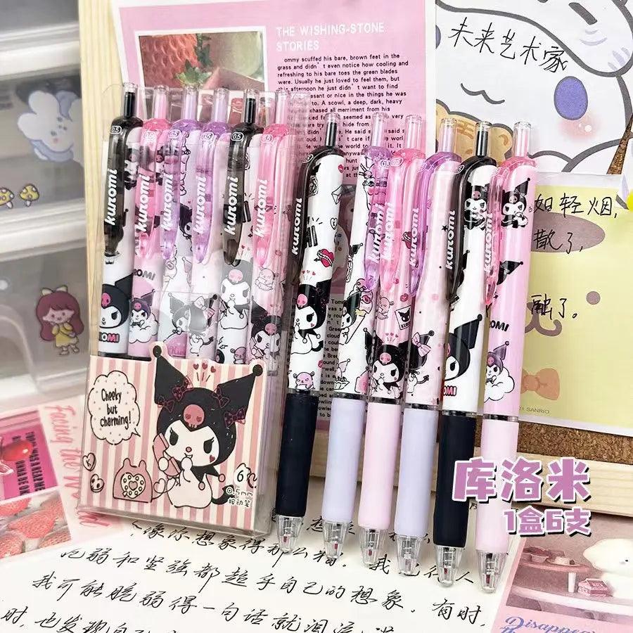 6Pcs Sanrio Gel Pen Hello Kitty Cartoon Kuromi ST Quick Drying Black 0.5mm Press The Ballpoint Pen Learning Stationery Gifts - NTKSTORE