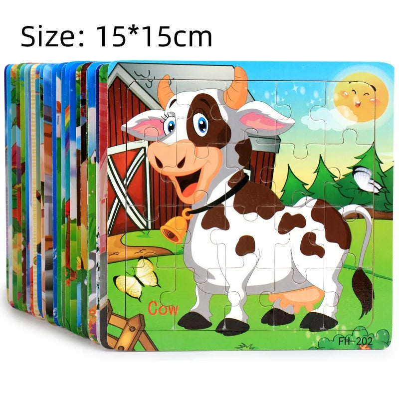 New 20 Piece Wooden 3d Puzzle Cartoon Animal Vehicle Jigsaw Puzzle Montessori Educational Toys For Kids Baby 1 2 3 Years - NTKSTORE