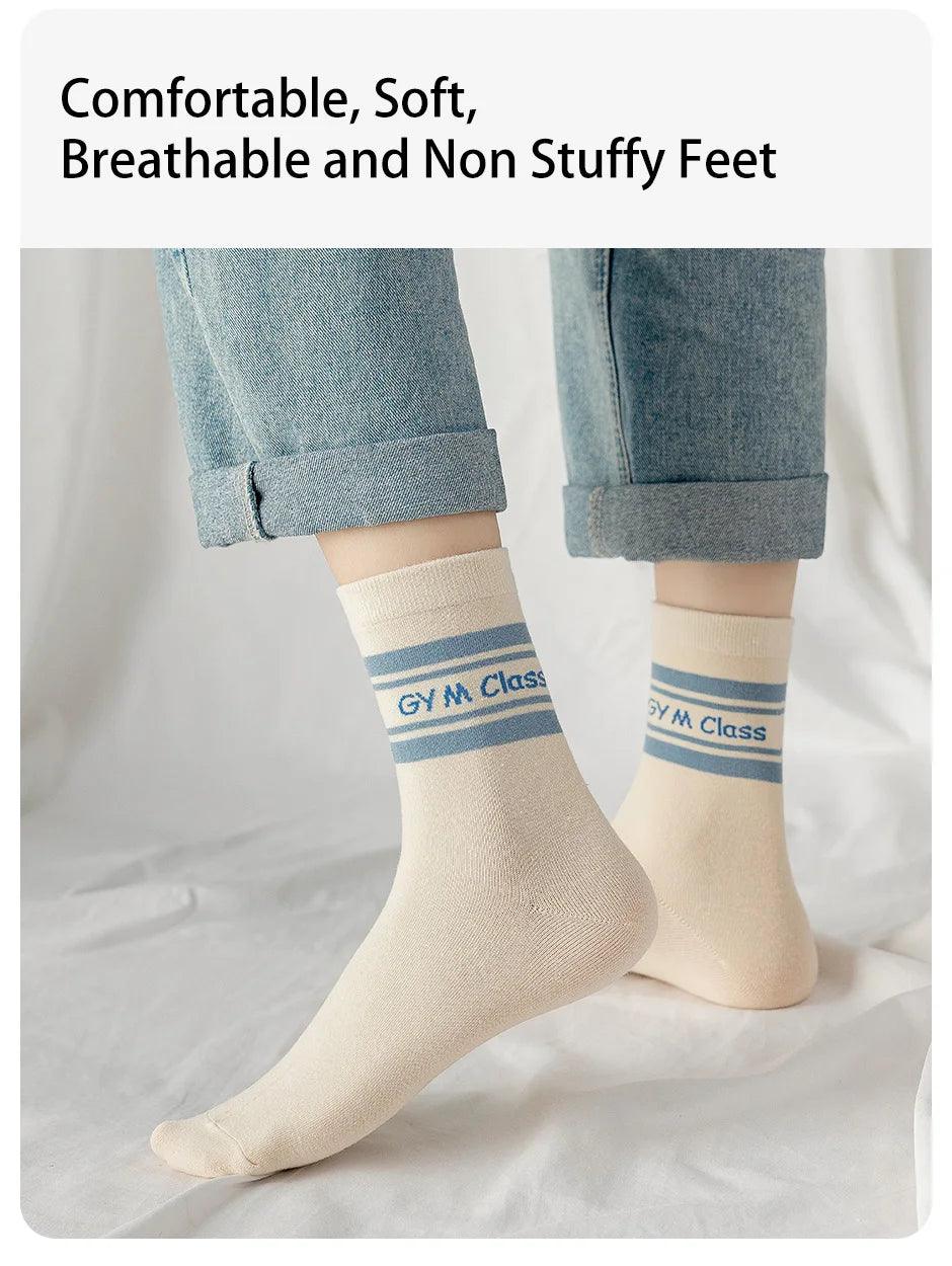 5 Pairs of Women's Spring Four-season Cute SStriped Letters Youthful Beautiful Fashionable and Comfortable Mid-calf Socks - NTKSTORE