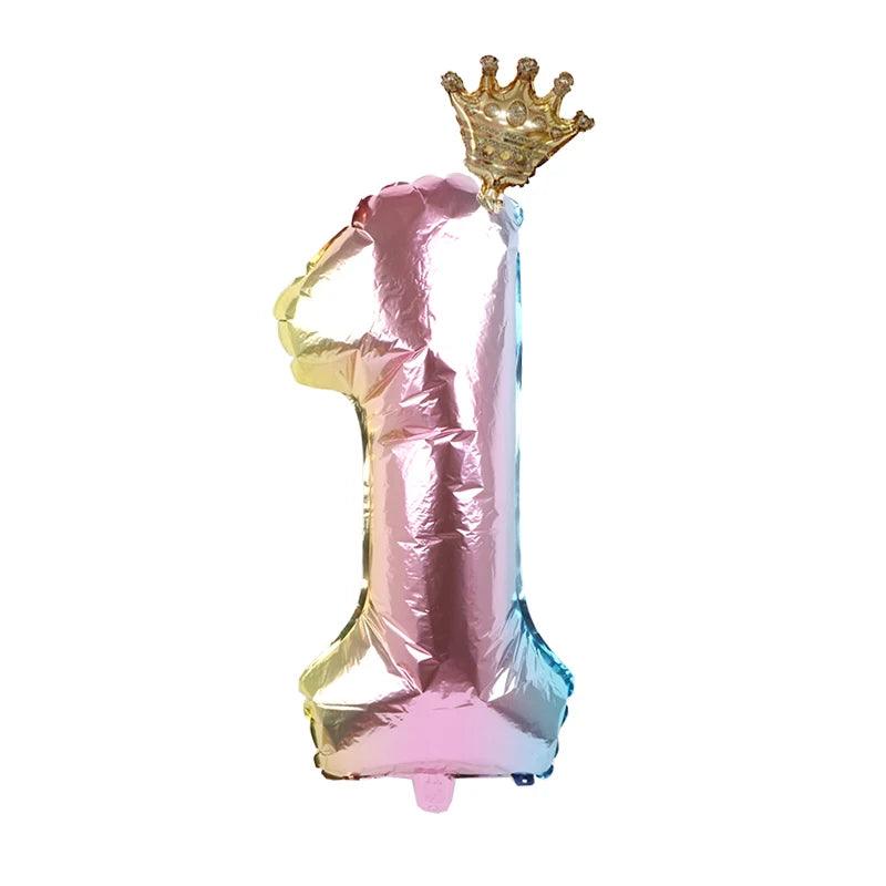 2pcs 32inch Rainbow Number Foil Balloons with Crown for Kids Boy Girl 1st Birthday Party Decorations Rose Gold Figures Globos - NTKSTORE