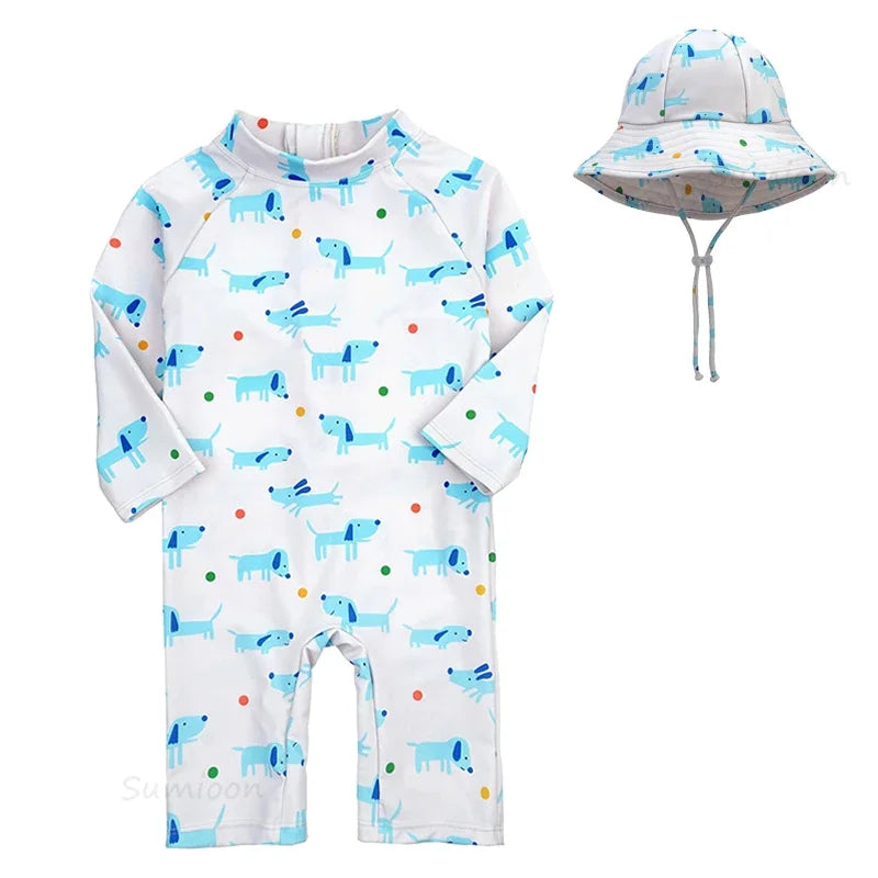 Baby Girls Swimsuit Long Sleeves One Piece Swimwear for Kids Toddler Cartoon UPF50+ Rash Guards Infant Bathing Suit Korea Sets