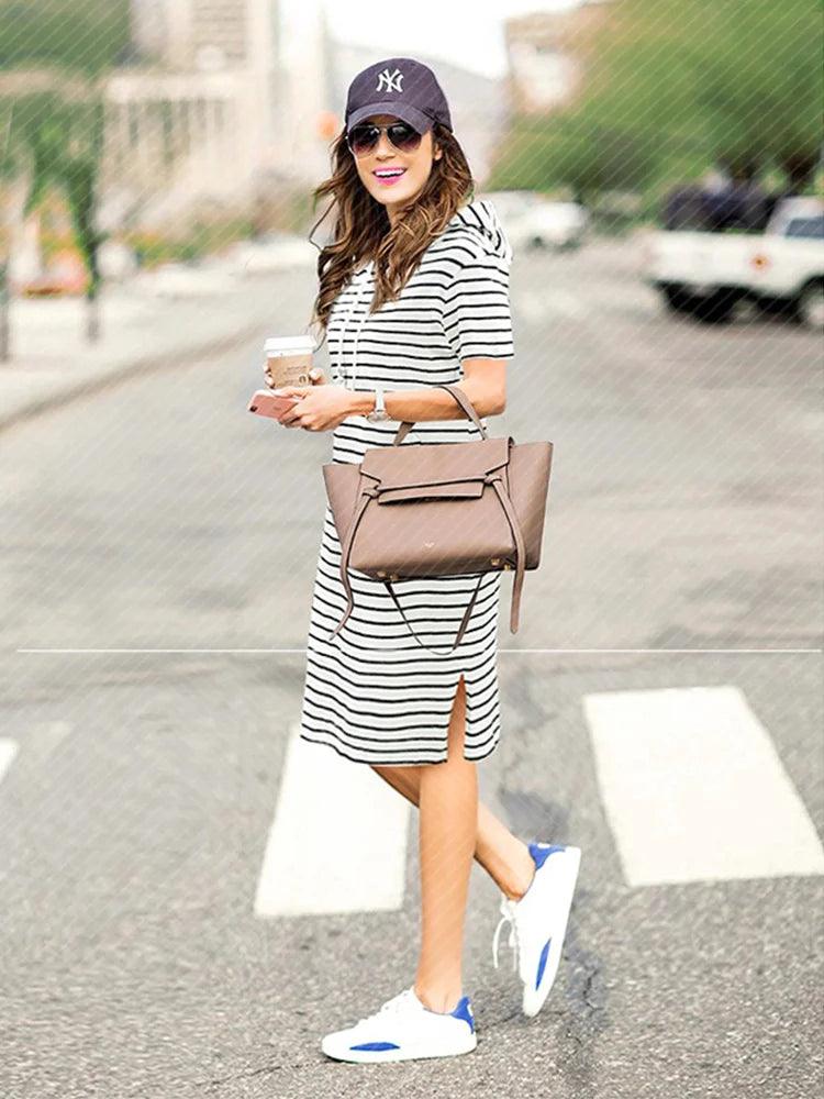 Women Summer Casual Striped Maternity Dresses Clothes Short Sleeve Knee Length Pregnancy Dress Session Pleated Baby Shower Pink - NTKSTORE