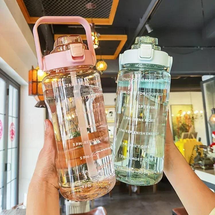 2L Portable Water Bottle Large Capacity Plastic Straw Water Cup Drink Bottle With Time Marker For Outdoor Sports Fitness - NTKSTORE