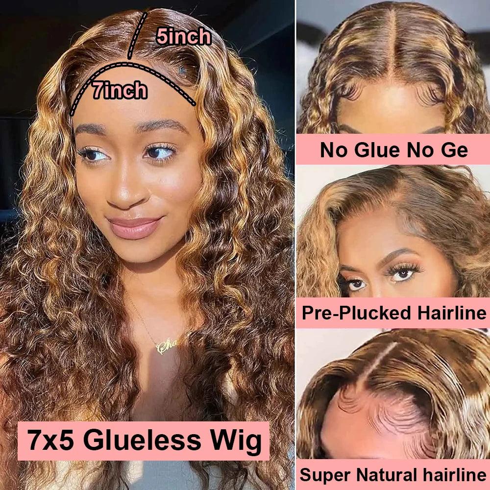 4/27 Ombre Colored Glueless Wig 13x4 Curly Human Hair Wigs Highlight Brazilian Remy Deep Wave Ready To Wear 7x5 Lace Closure Wig - NTKSTORE