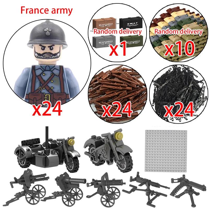 Children Toys Mini Military Figures Building Blocks WW2 UK French US Germany Soviet Army Soldiers Machine Gun Set Bricks Model - NTKSTORE